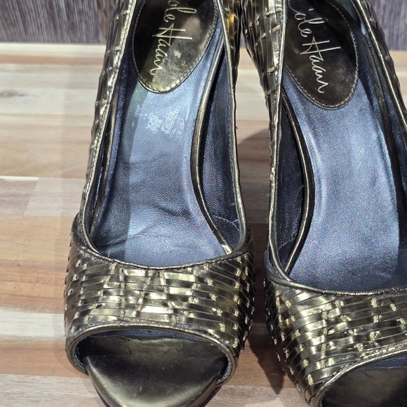 Cole Haan NikeAir Gold Woven Peep Toe Heels Dress Shoes‎ Leather Sole Size 7B - Picture 7 of 16